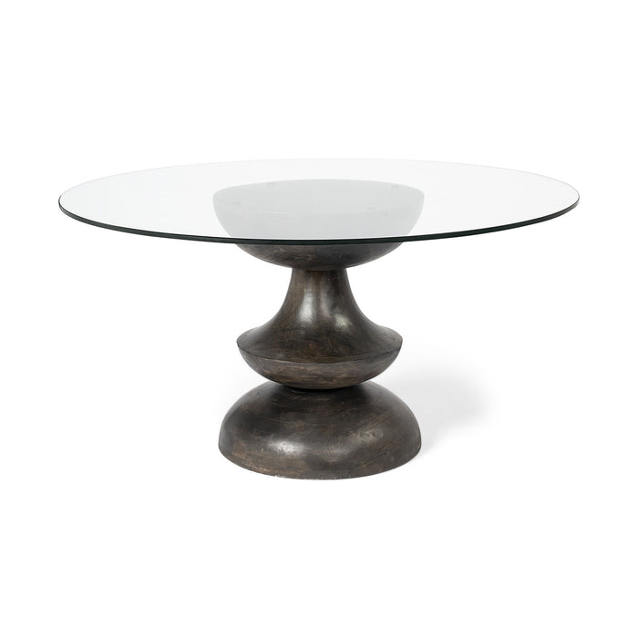 Round Glass Top Wood With Pedestal Base Dining Table - Brown