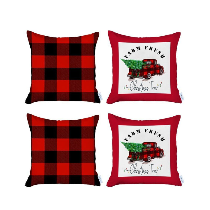 18"Lx18"H Plaid Zippered Polyester Christmas Tree Throw Pillow Cover (Set of 4) - Red And Black