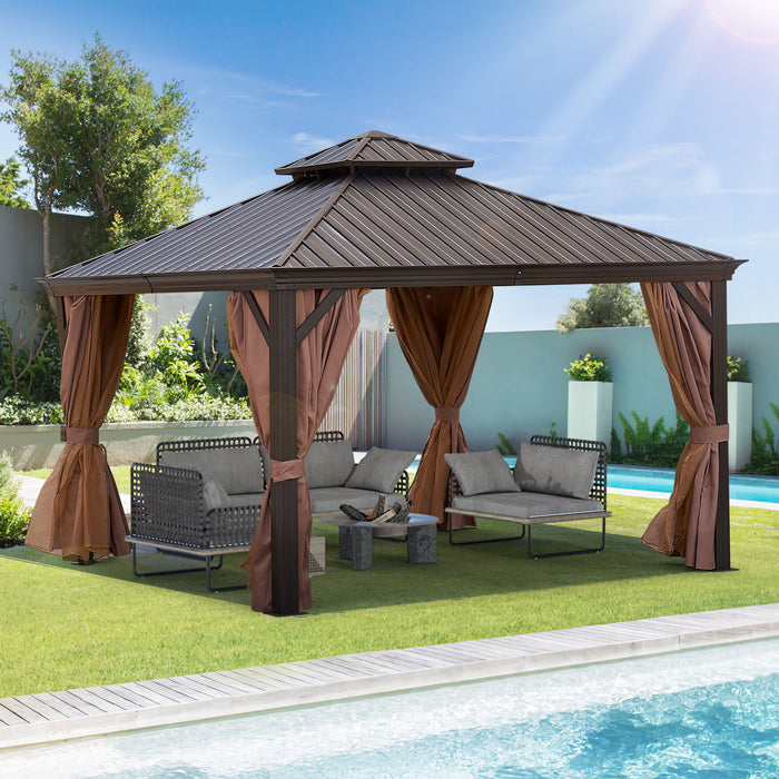 12x12Ft Patic Gazebo, Alu Gazebo With Steel Canopy, Outdoor Permanent Hardtop Gazebo Canopy For Patio, Garden, Backyard - Bronze