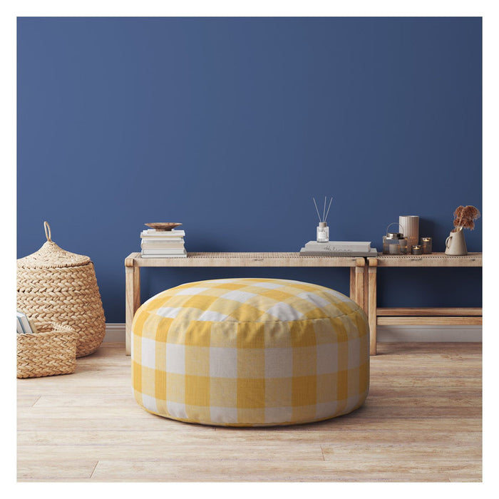 Canvas Round Gingham Pouf Ottoman - Yellow / White