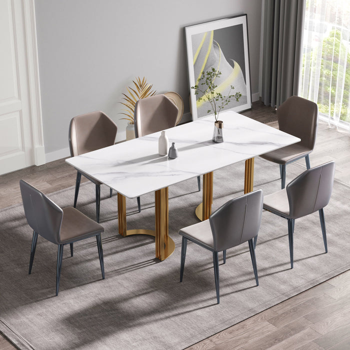 70.87" Modern Artificial Stone White Straight Edge Golden Metal Leg Dining Table, Can Accommodate 6-8 People - White / Gold