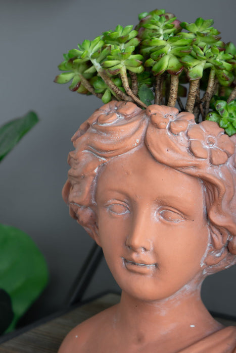 Head Bust Planter, Greek Style Cement Head Planter, Indoor Outdoor Home Garden Decor - Brown