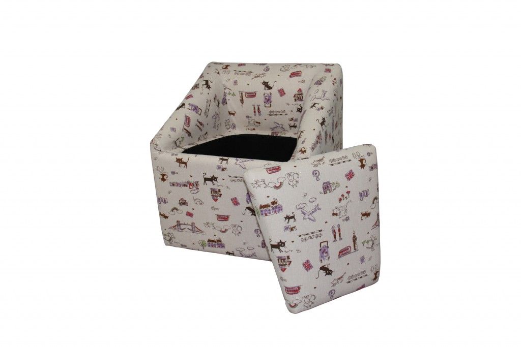 Modern Whimsical Cats In London Cubed Accent Storage Chair - Beige