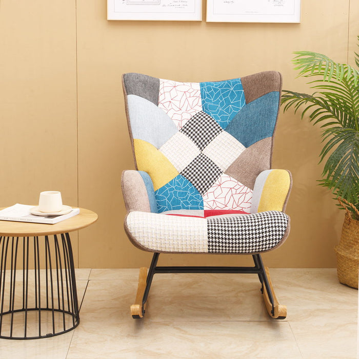 Accent Rocking Chair, Mid-Century Fabric Rocker Chair With Wood Legs And Patchwork Linen For Livingroom Bedroom