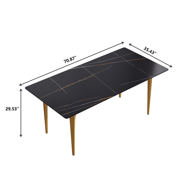 70.87" Modern Artificial Stone Straight Edge Golden Metal Leg Dining Table, Can Accommodate 6-8 People - Black