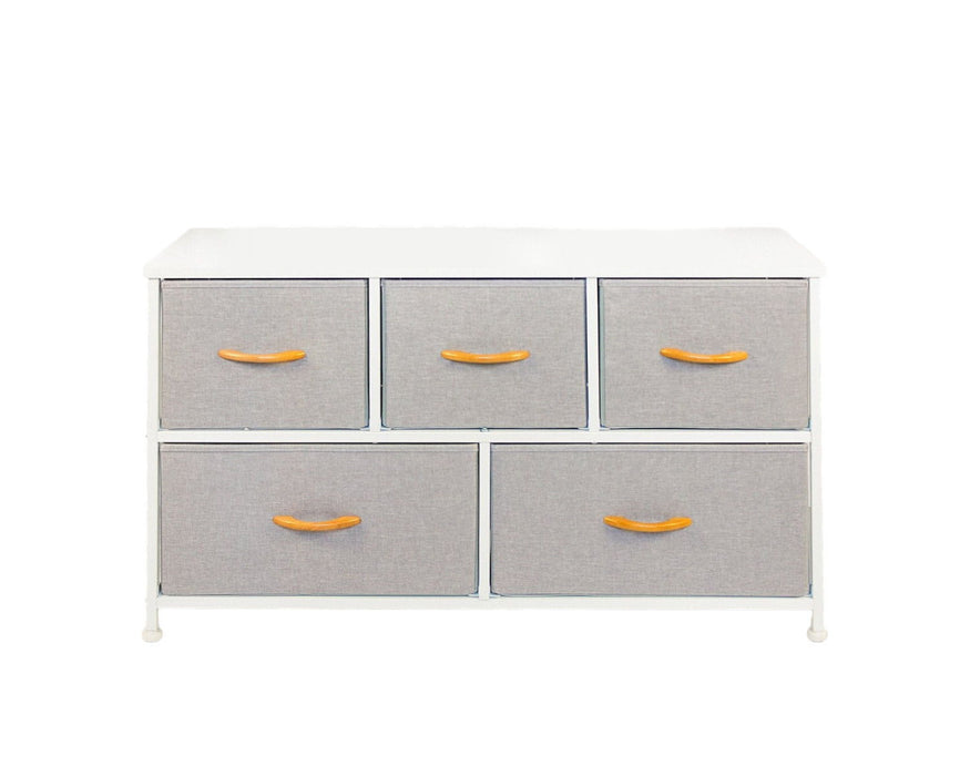 Steel And Fabric Five Drawer Dresser - White / Gray