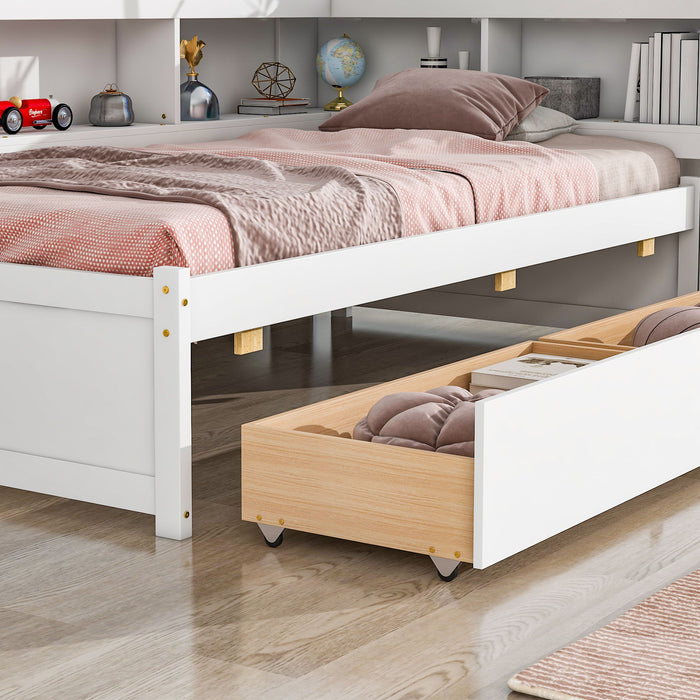 Twin Bed With L-Shaped Bookcases, Drawers - White