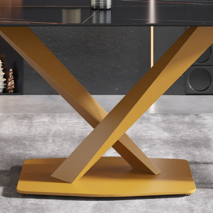 63" Modern Artificial Stone Straight Edge Golden Metal X-Leg Dining Table, 6 People