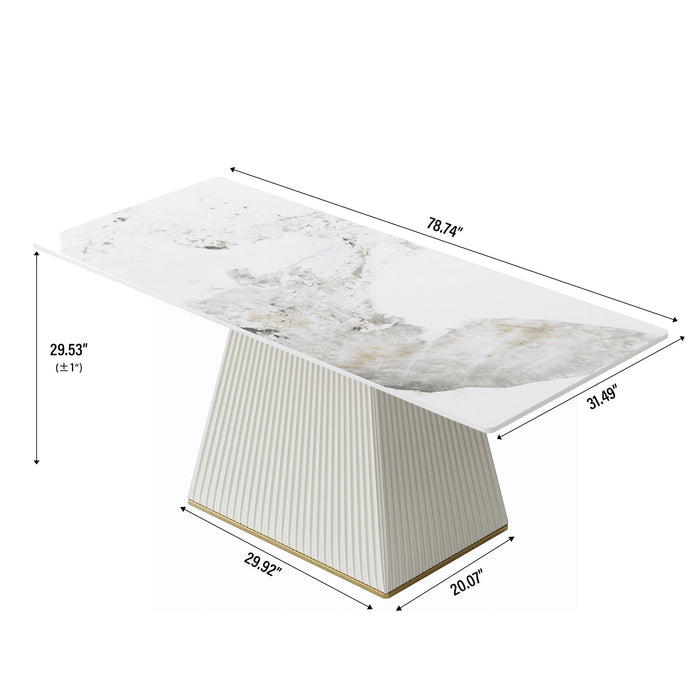 Modern Artificial Stone Pandora Straight Side Panel PU Plywood Table Legs, Can Accommodate 8 People - White / Beige