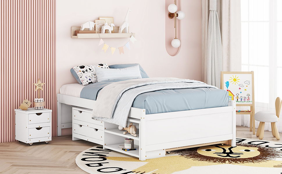 Versatile Full Bed With Trundle, Under Bed Storage Box And Nightstand - White