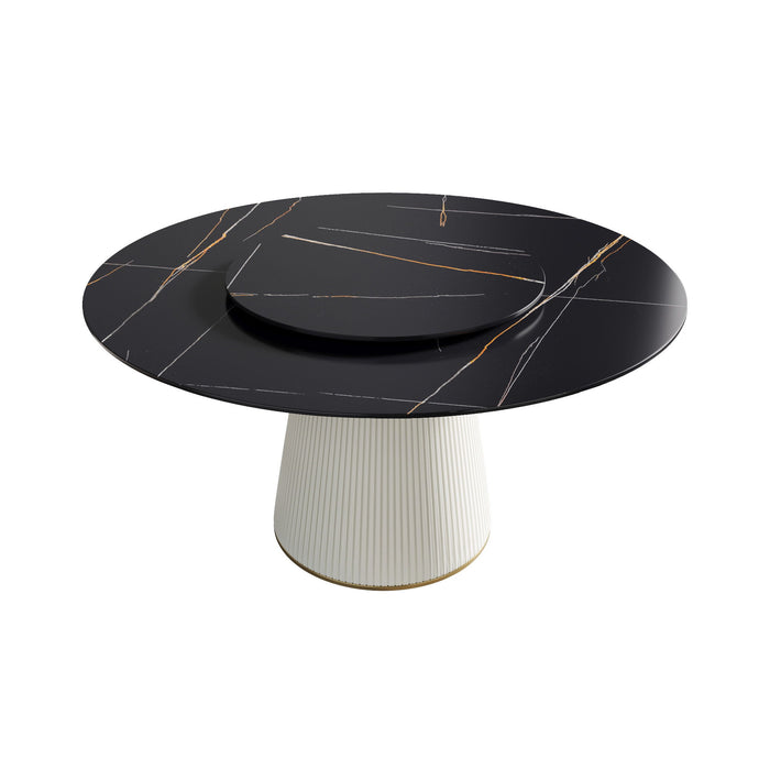 Modern Artificial Stone Round Plywood PU Base Dining Table, Can Accommodate 8 People Artificial Stone Turntable (Not Including Chairs) - Black / Beige