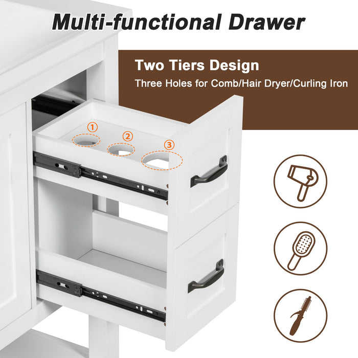 Bathroom Vanity With Ceramic Sink Top, Vanity Cabinet With Multi-Functional Drawer, Solid Wood Legs - White