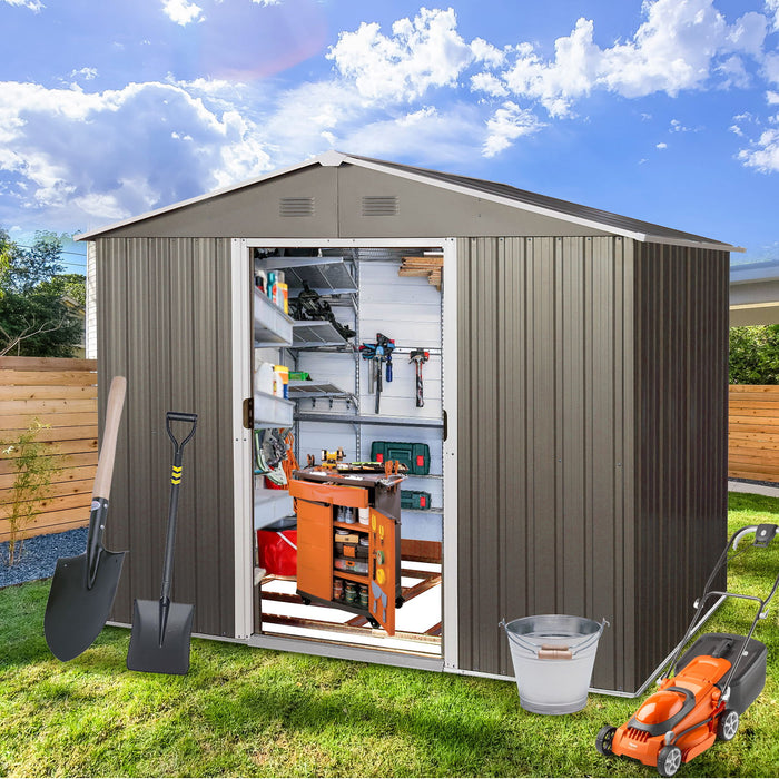 8Ft x 6Ft Outdoor Metal Storage Shed With Floor Base (SKU: W540S00012) - Gray