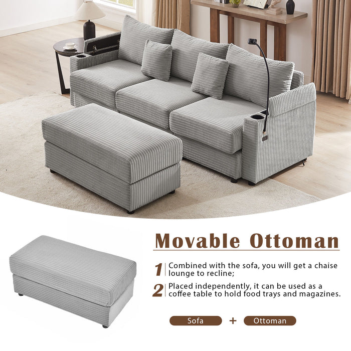 Modern Style Loveseat Sofa Sectional Sofa Couch With Storage Space, A Movable Ottoman, Two USB Ports, Two Cup Holders, A Phone Holder For Living Room