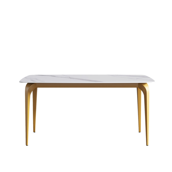 63" Modern Artificial Stone Curved Golden Metal Leg Dining Table, 6 People - White / Gold