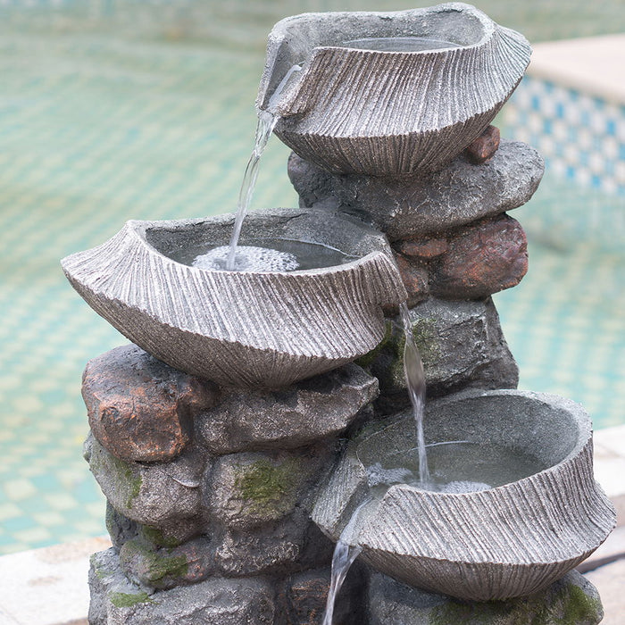 Indoor Outdoor Stone Water Fountain, 4 Tier Polyresin Cascading Rock Bowl Freestanding Fountain With LED Ligh - Gray