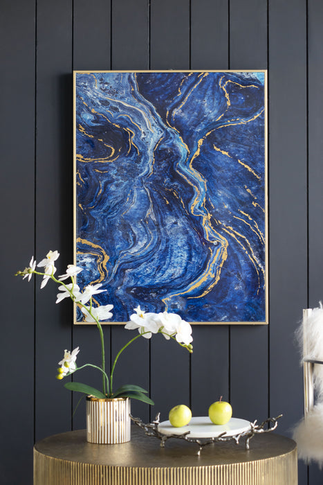 Framed Art Panels, Unique Marbled Design (Set of 2) - Blue / Gold