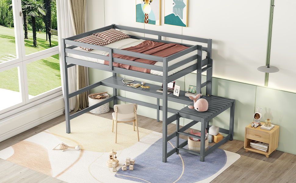 Full Loft Bed With Built-In Desk, Ladder Platform, Ladders, Guardrails - Gray