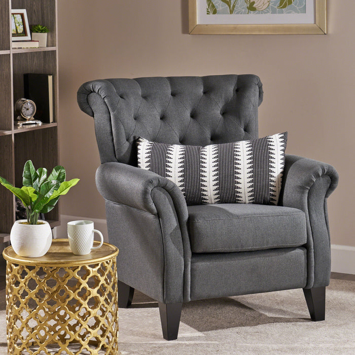 Comfy Accent Chair With Tufted Backrest, Bedroom Single Seat Arm Chair With Wooden Legs, Modern Side Chairs For Living Room - Dark Gray