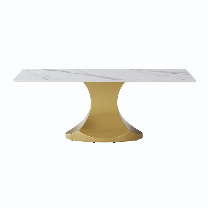 78.74" Modern Artificial Stone Panel Golden Stainless Steel Curved Legs, Can Accommodate 8 People - White / Gold