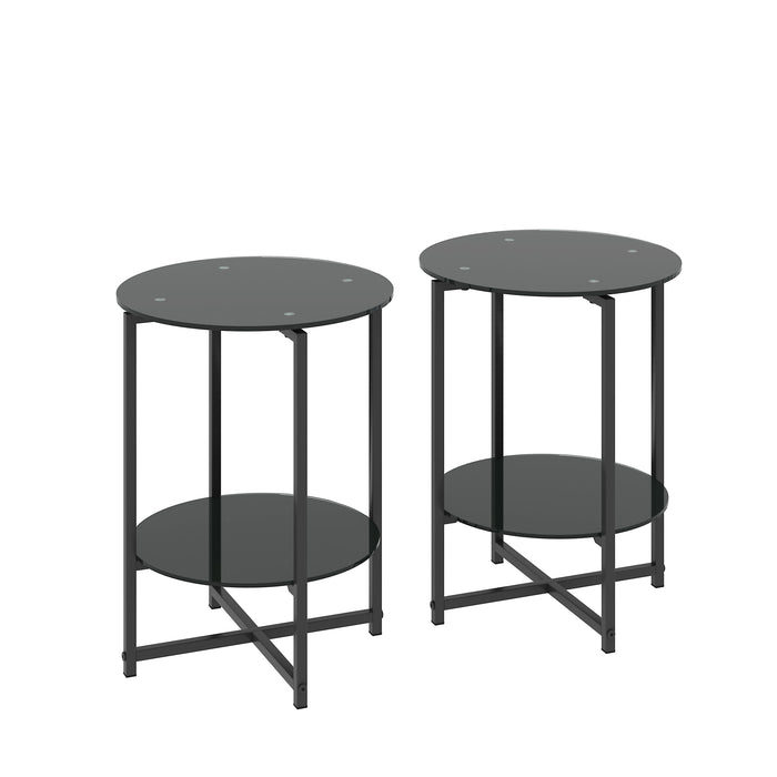 Tempered Glass End Table (Set of 2) , Round Coffee Table For Bedroom Living Room Office - Black