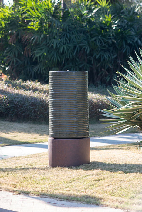 Tall Large Round Ribbed Tower Water Fountain, Verge Bronze, Cement Outdoor Bird Feeder / Bath Fountain