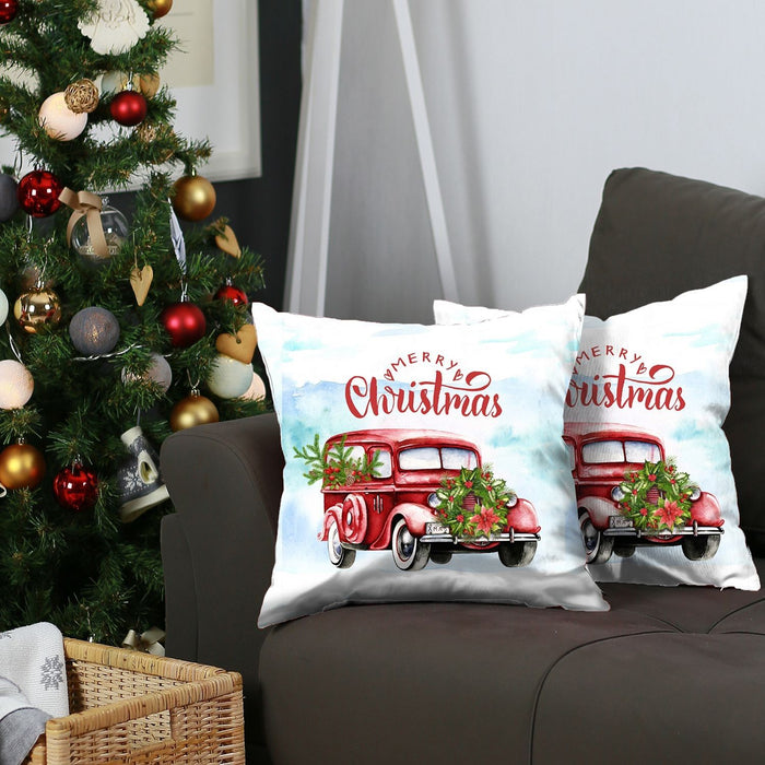 Merry Christmas Vintage Car Throw Pillows (Set of 2) - Red