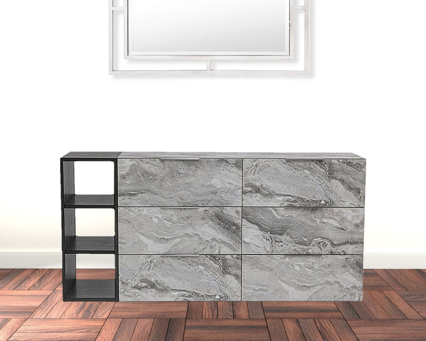 Faux Marble and Black Wood Six Drawer Double Dresser 63" - Gray