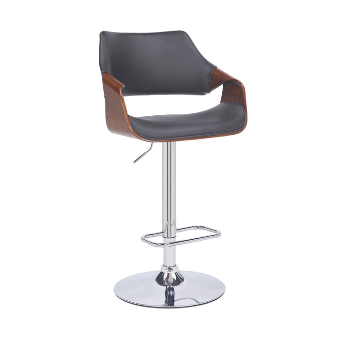 Faux Leather and Walnut Wood and Chrome Swivel Adjustable Bar Stool - Gray