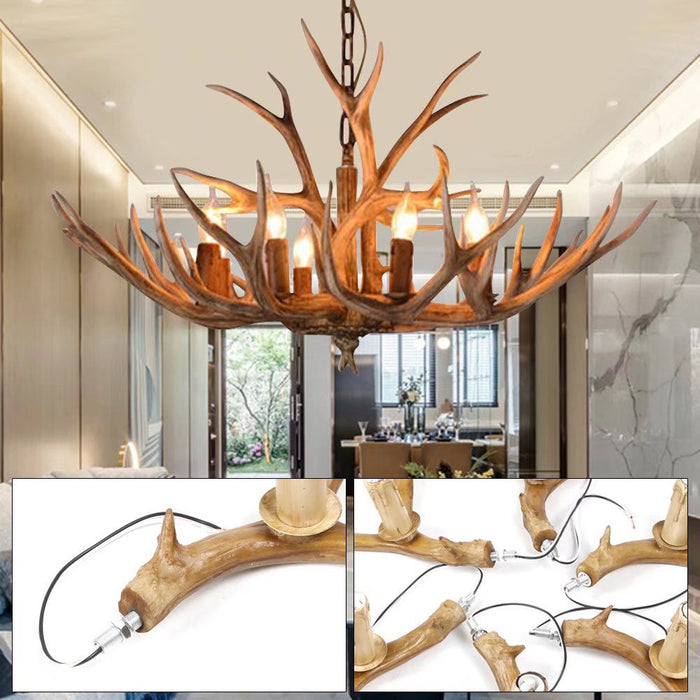 Super Stag Faux Antlers Six Light LED Chandelier - Brown