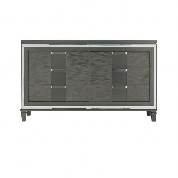 Solid Wood Mirrored Six Drawer Double Dresser 64" - Metallic Gray