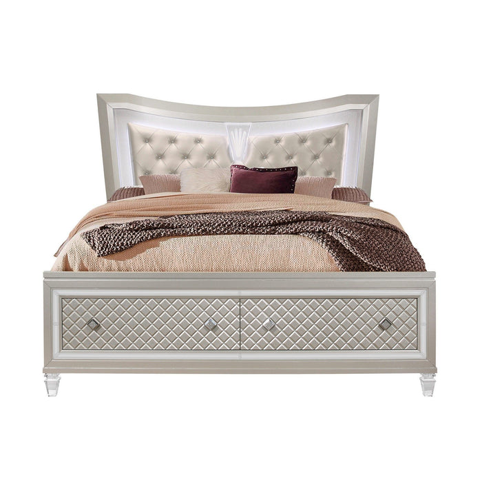 Queen Bed With Padded Headboard Led Lightning 2 Drawer - Champagne Tone