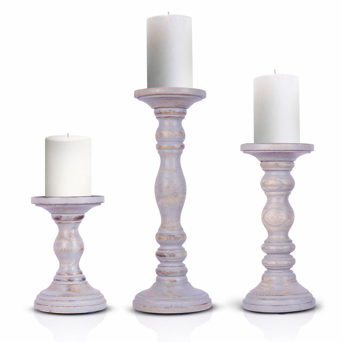 3 Piece Hand Carved Pillar Candle Holders - Rustic Gray Genuine
