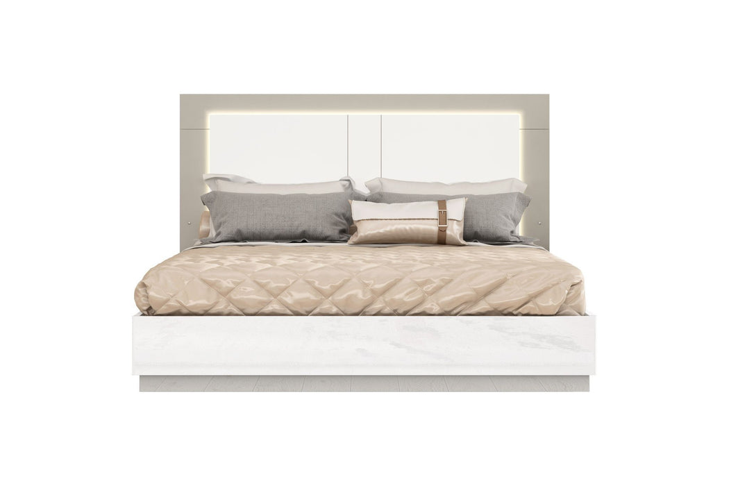 King High Gloss Bed Frame with LED Headboard - White and Taupe