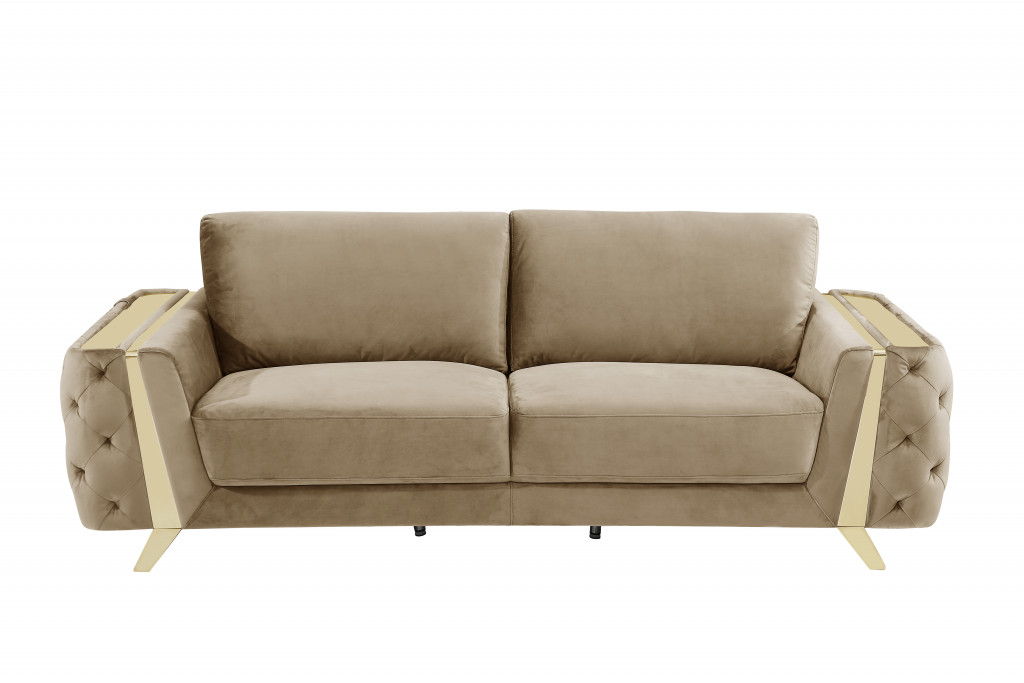 Stainless Steel Sofa 90" - Beige Velvet And Gold
