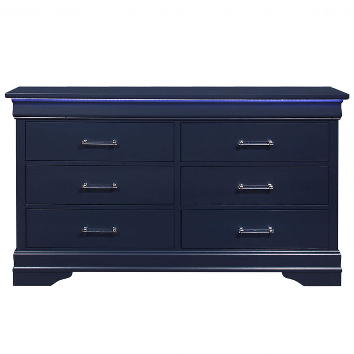 Solid Wood Six Drawer Double Dresser with LED 59" - Blue