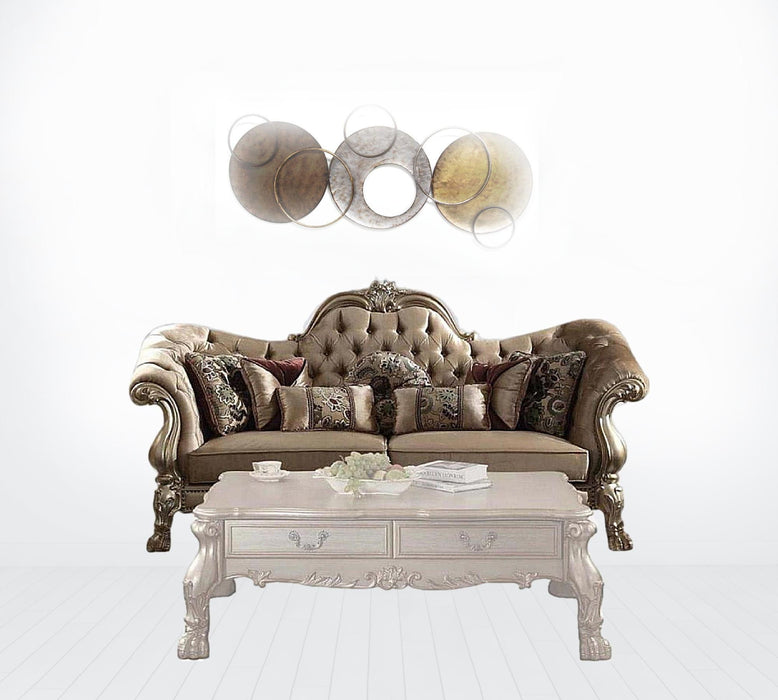 Sofa With Seven Toss Pillows 96" - Bone Polyurethane, Velvet And Gold