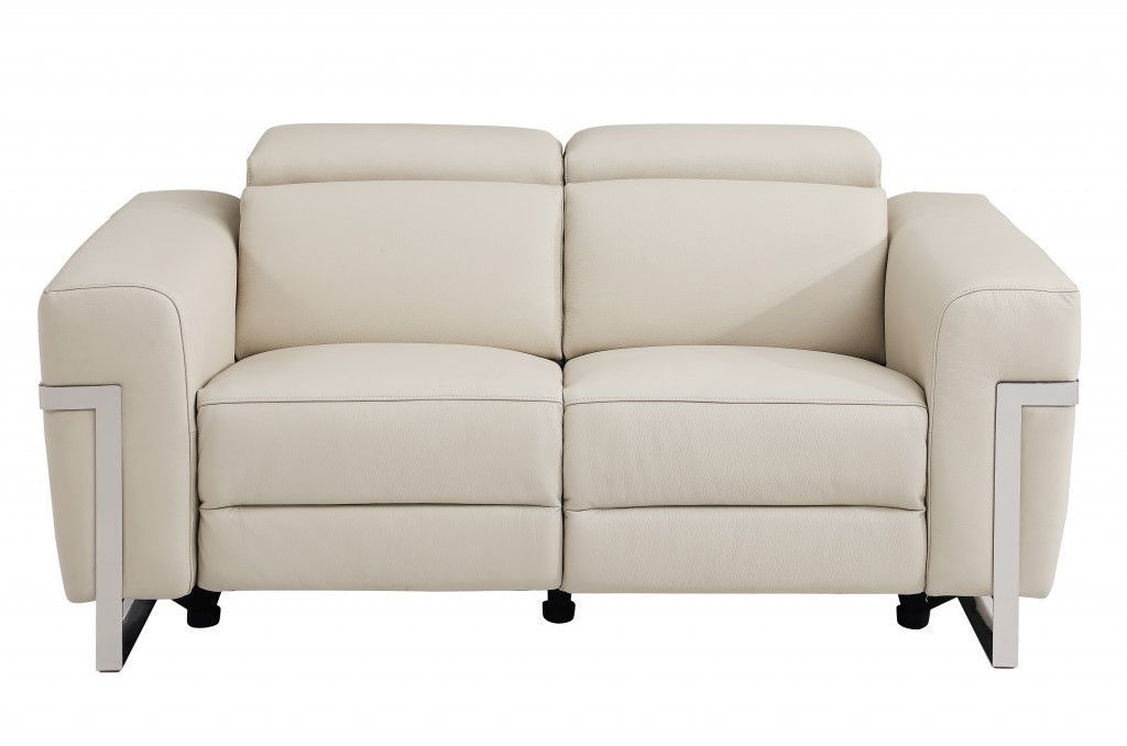 Accents Reclining Loveseat - Beige Italian Leather With Chrome