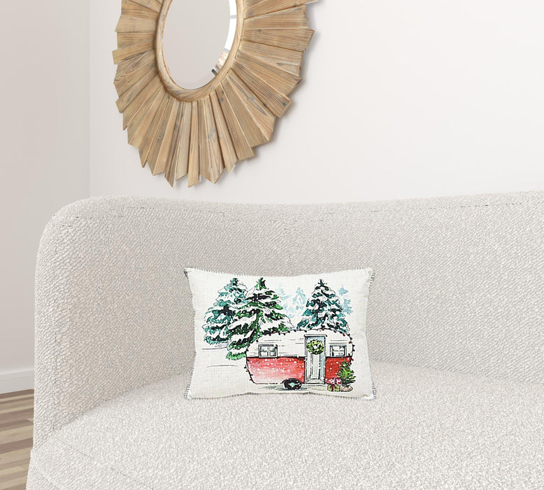 13"Lx18"H Zippered Polyester Christmas Holiday Van Throw Pillow - White And Green