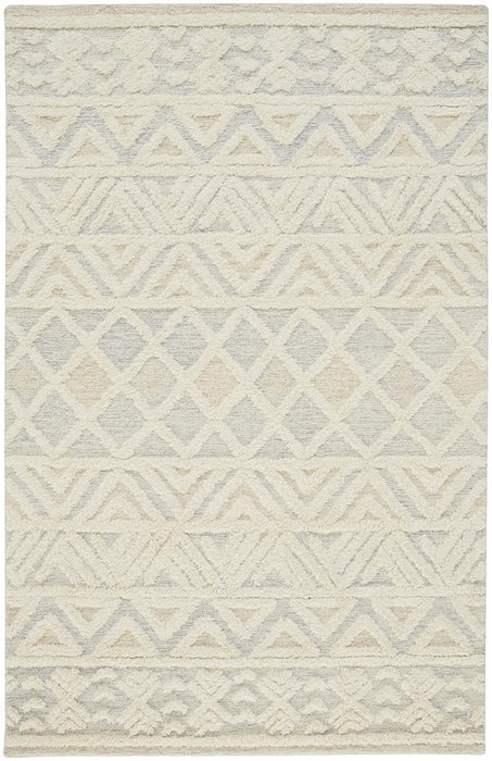 Geometric Tufted Handmade Area Rug - Ivory Blue And Tan Wool - 12' X 15'
