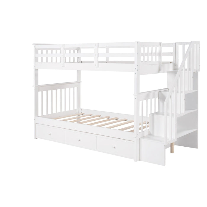 Twin Over Twin Bunk Bed with Stairway and Drawers - White