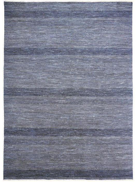 Striped Hand Knotted Area Rug - Blue And Gray Wool - 8' X 10'