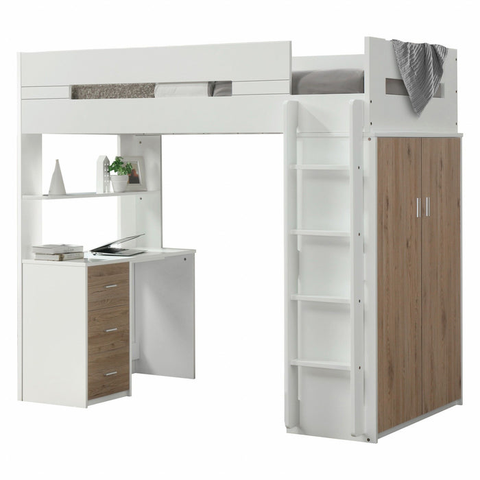 Twin Loft Bed And Desk -White And Natural