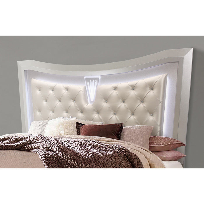 Queen Bed With Padded Headboard Led Lightning 2 Drawer - Champagne Tone