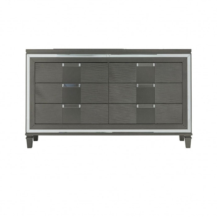 Solid Wood Mirrored Six Drawer Double Dresser 64" - Metallic Gray