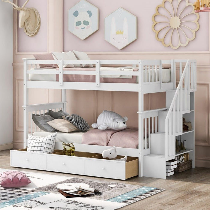 Twin Over Twin Bunk Bed with Stairway and Drawers - White