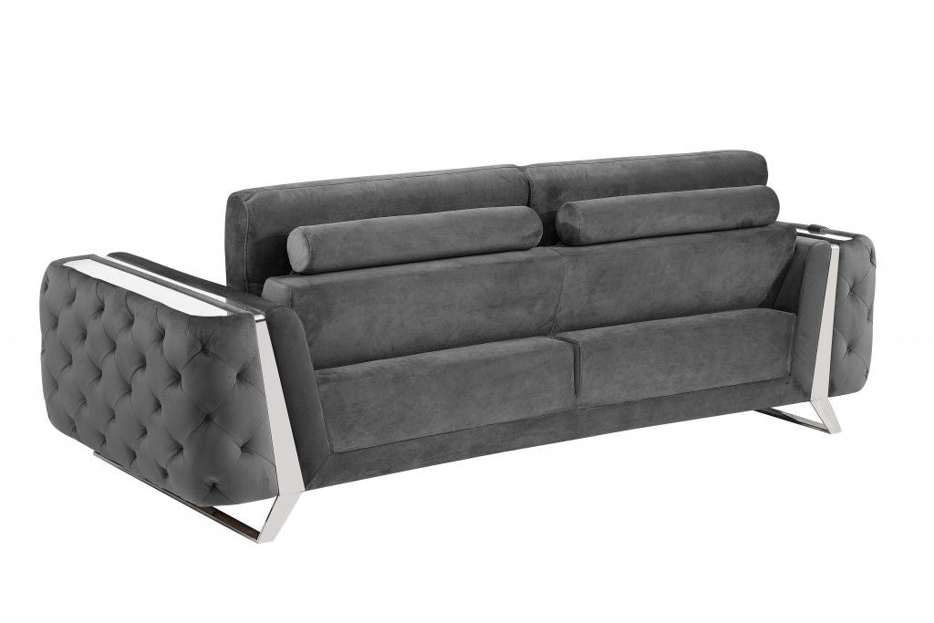 Velvet And Chrome Stainless Steel Sofa 90" - Dark Gray
