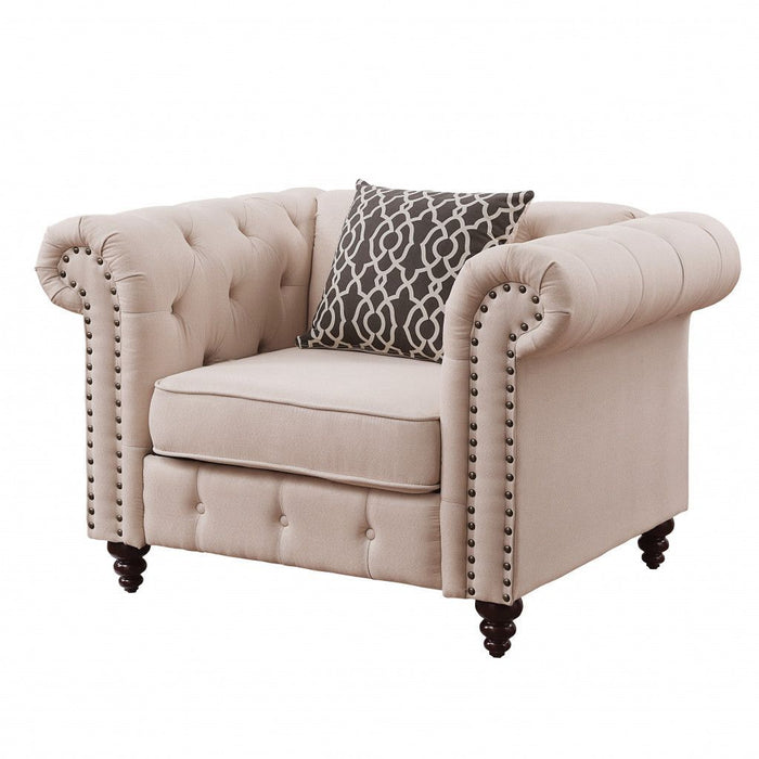 Linen And Black Tufted Chesterfield Chair 45" - Beige