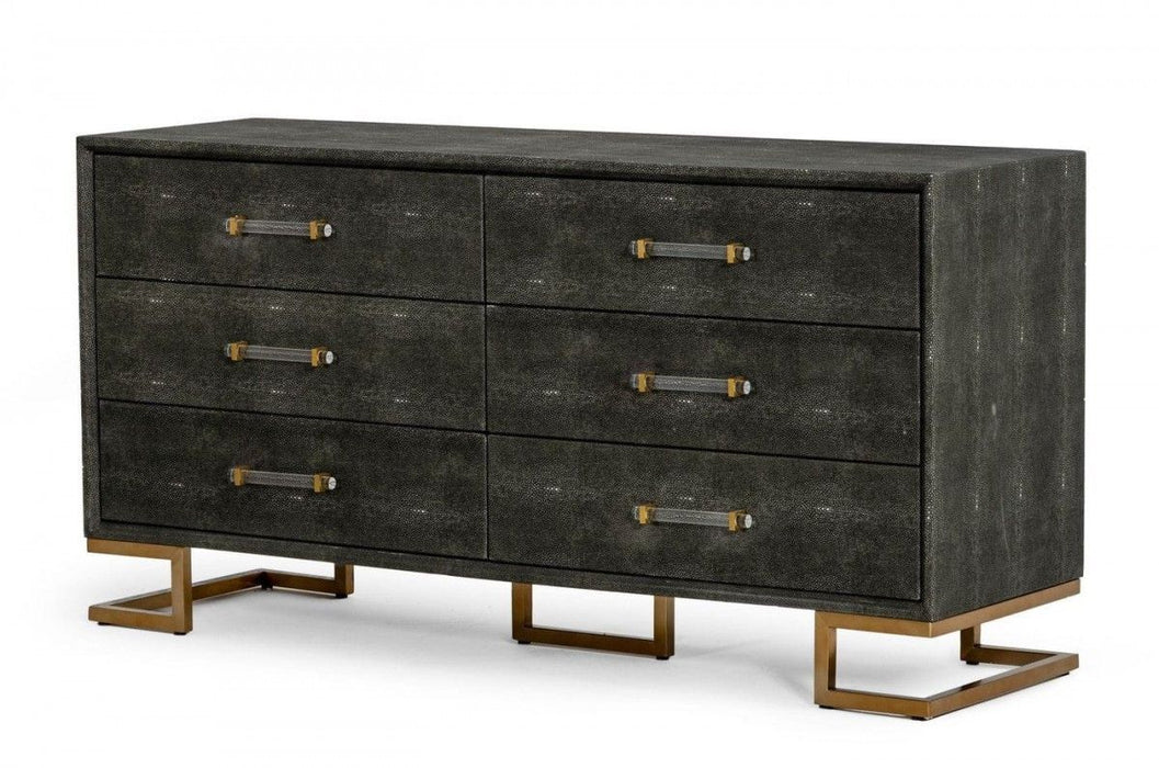 Shagreen Faux Leather And Gold Six Drawer Double Dresser 63" - Gray