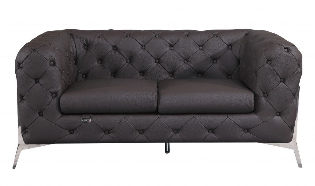 Tufted Loveseat - Dark Brown - Italian Leather And Chrome